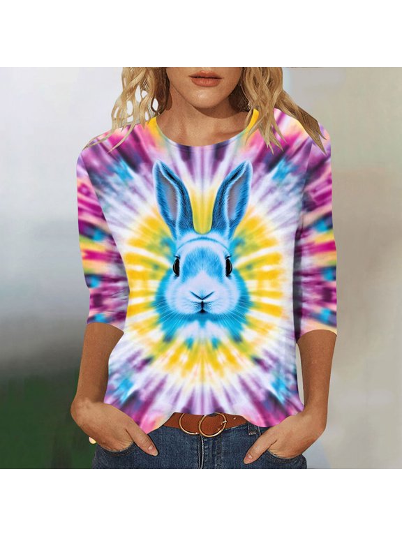 Womens Tops Easter T-Shirts Summer Bunny Print Lightweight Graphic Tees for Women Crew Neck