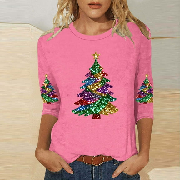 HOMBOM Womens Tops Fall Christmas Festive Pink Crewneck Reindeer 3/4 Sleeve T Shirts for Ladies Xmas