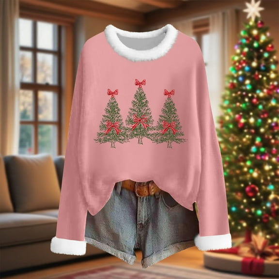 HOMBOM Womens Tops Fall Comfy Long Sleeve Pink Crewneck Snowflakes Xmas Fuzzy Tee Shirts for Female