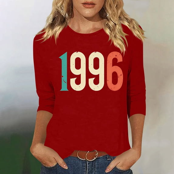 HOMBOM Womens Tops Graphic T-Shirts 3/4 Sleeve Retro 1996 Print Basic Red Crew Neck Graphic Tees for Ladies