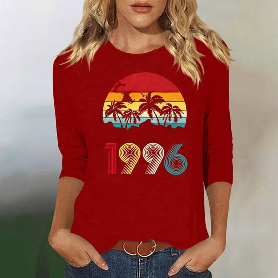 HOMBOM Womens Tops Graphic T-Shirts Crew Neck Retro 1996 Print Soft Red Summer Graphic Tees for Young Woman 3/4 Sleeve