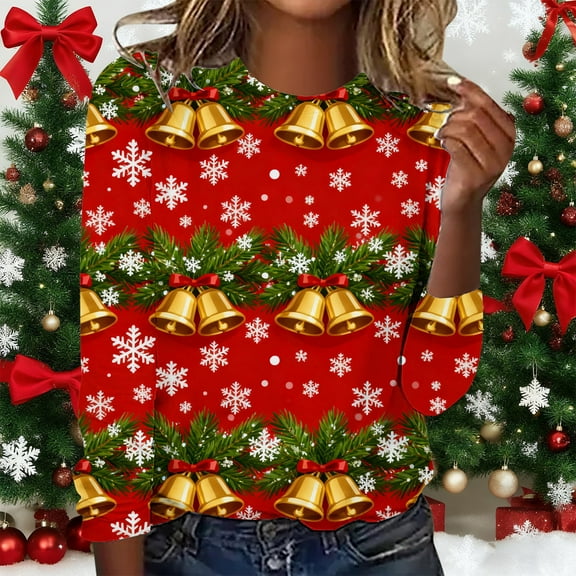 HOMBOM Womens Tops Long Sleeve Comfy Fall Santa Red Crewneck Blouse for Ladies Xmas