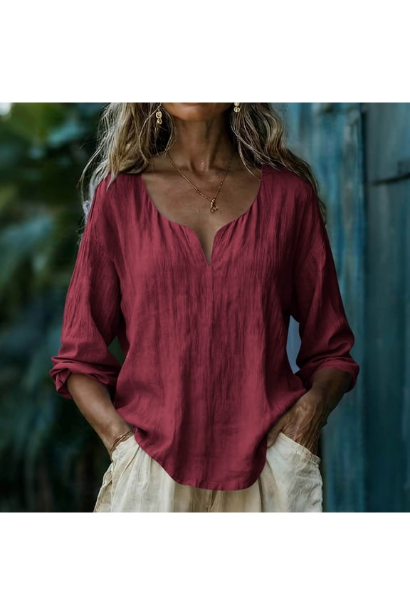 Womens Tops Loose Fit Summer Wine Cotton Linen Long Sleeve Solid T Shirts for Ladies Loose Fit