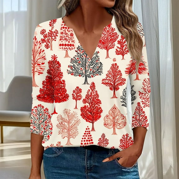 HOMBOM Womens Tops Red V Neck Western Fall Snowflakes Christmas 3/4 Sleeve T Shirts for Ladies Xmas