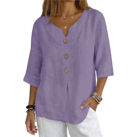 HOMBOM Womens Tops Shirts Plus Size 3/4 Sleeve Cotton Linen Summer Purple Solid Blouse for Ladies Button V Neck