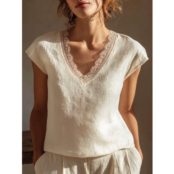 HOMBOM Womens Tops Shirts Solid White Spring Short Sleeve Cotton Linen Lace V Neck T Shirts for Ladies