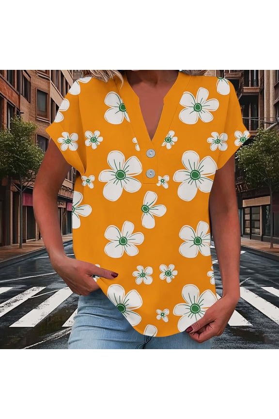 Womens Tops Shirts Summer Short Sleeve Cotton Linen Loose Fit Orange Floral Button V Neck T Shirts for Ladies