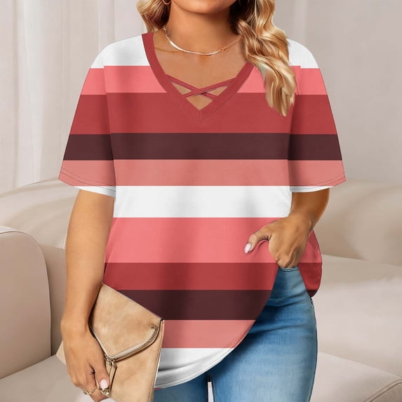 HOMBOM Womens Tops Short Sleeve Tee Shirts Colorblock Soft Oversized Plus Size T Shirts for Ladies Summer