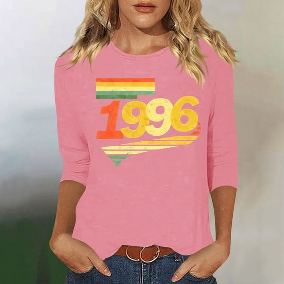 HOMBOM Womens Tops Summer 3/4 Sleeve T-Shirts Graphic Retro 1996 Print Basic Crew Neck Pink Graphic Tees for Women