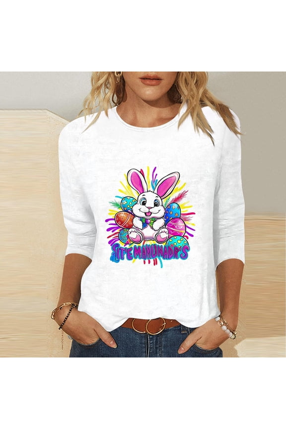 Womens Tops Summer T-Shirts 3/4 Sleeve Crew Neck Bunny Print Casual Easter Graphic Tees for Women