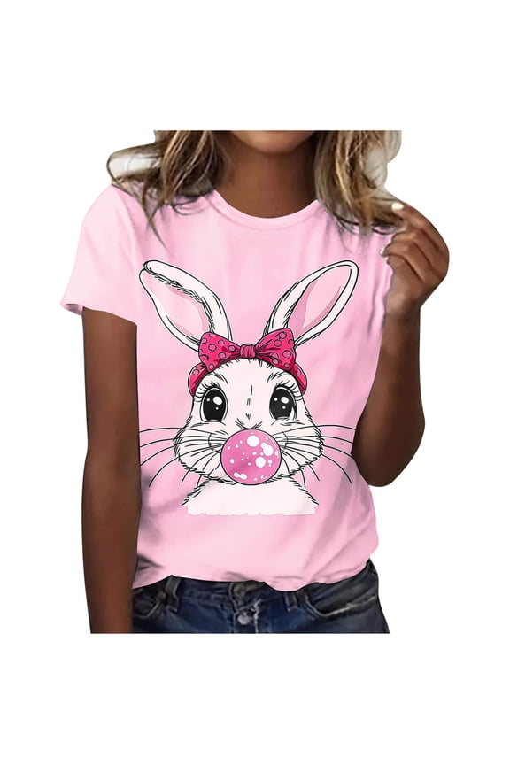 Womens Tops Summer T-Shirts Bunny Print Short Sleeve Easter Soft Graphic Tees for Ladies Crew Neck