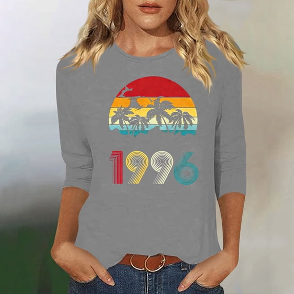 HOMBOM Womens Tops T-Shirts Summer Retro 1996 Print 3/4 Sleeve Graphic Gray Crew Neck Graphic Tees for Ladies