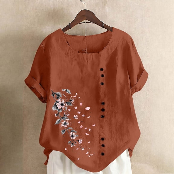 HOMBOM Womens Tops Trendy Tunic Tops Boho Soft Floral Cotton Linen Crewneck Blouse for Women