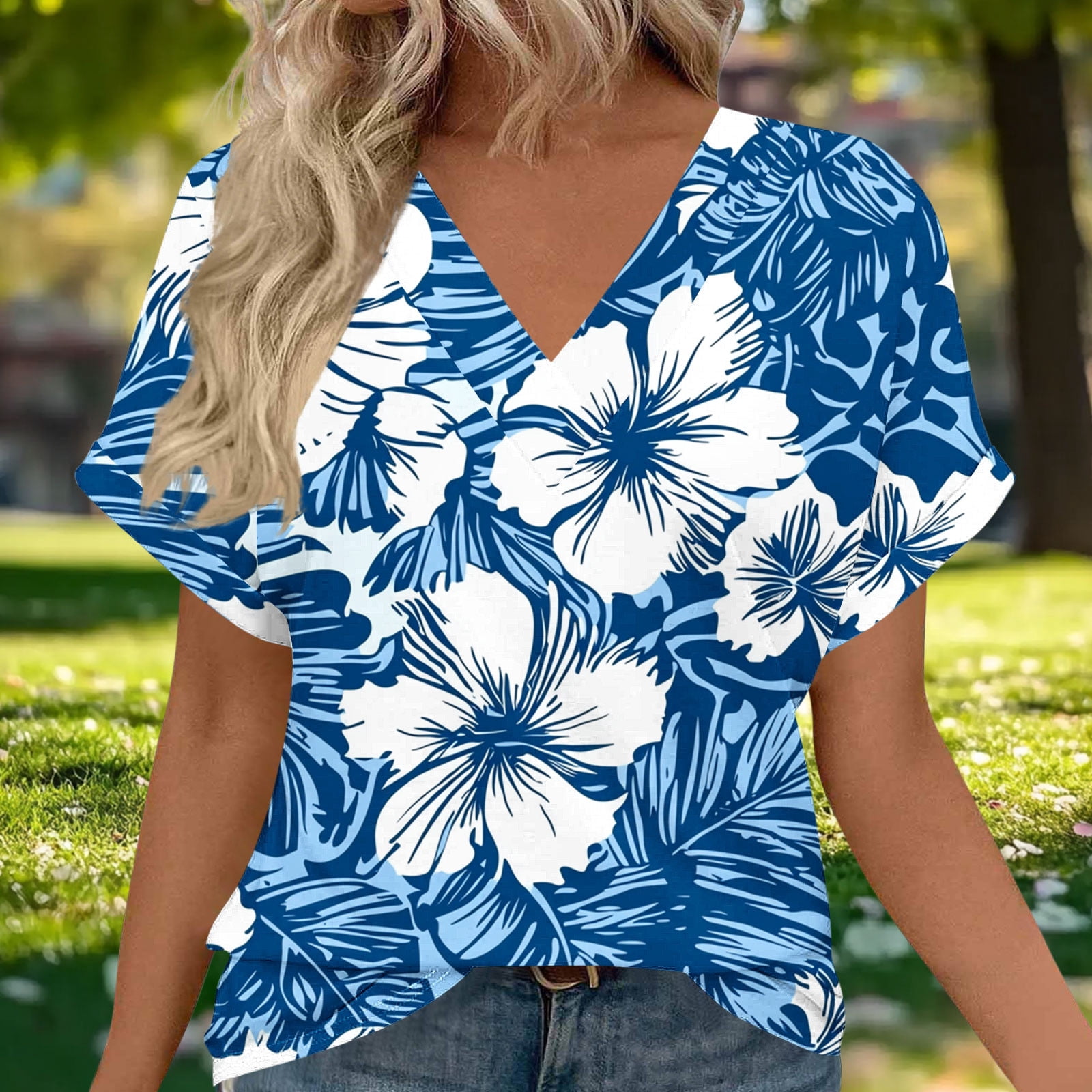 HOMBOM Womens Tops Trendy V Neck Tunic Tops Hawaiian Beach Floral Comfy ...