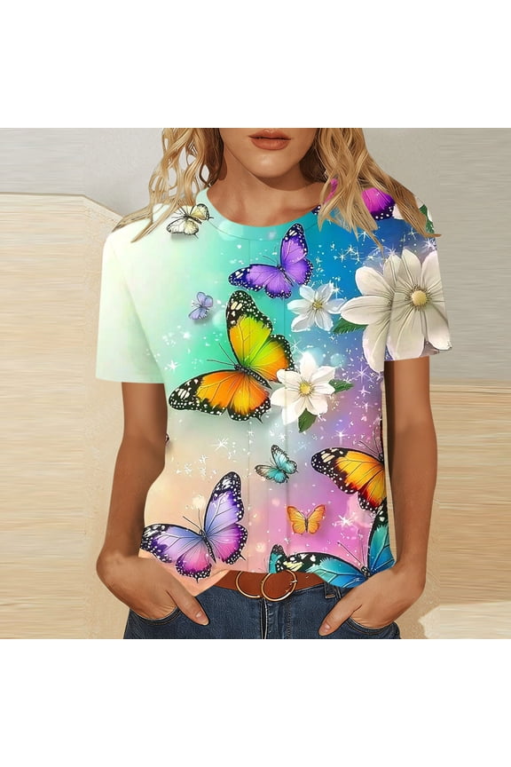 Womens Tops Tunic Tops Crewneck Spring Beach Hawaiian Floral T Shirts for Women Short Sleeve
