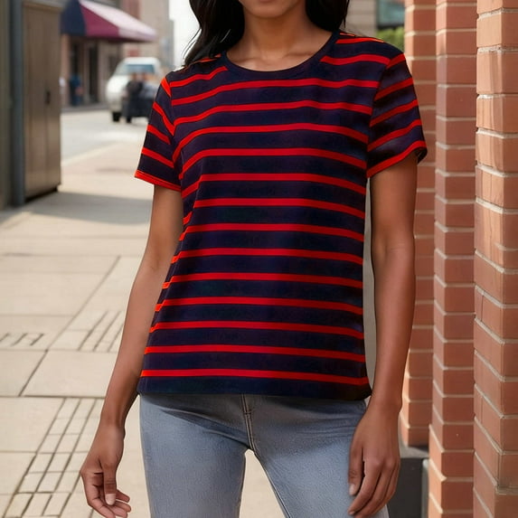 HOMBOM Womens Trendy Shirts Basic Graphic Watermelon Red Soft Loose Striped Short Sleeve Crewneck T Shirts for Ladies