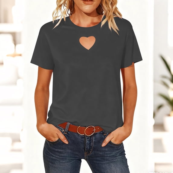 HOMBOM Womens Trendy Shirts Elegant Dark Gray Basic Casual Solid Color Crewneck Loose Short Sleeve T Shirts for Women