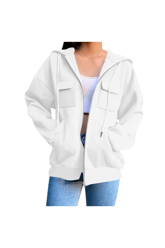 Womens Trendy Sweatshirt White Hooded with Pocket Zip-Up Plain Jackets for Women
