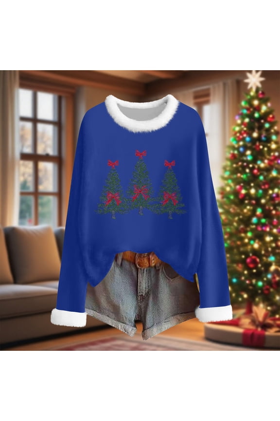Womens Ugly Shirts Blue Fuzzy Dressy Casual Christmas Ugly Christmas Crewneck Long Sleeve T Shirts for Ladies