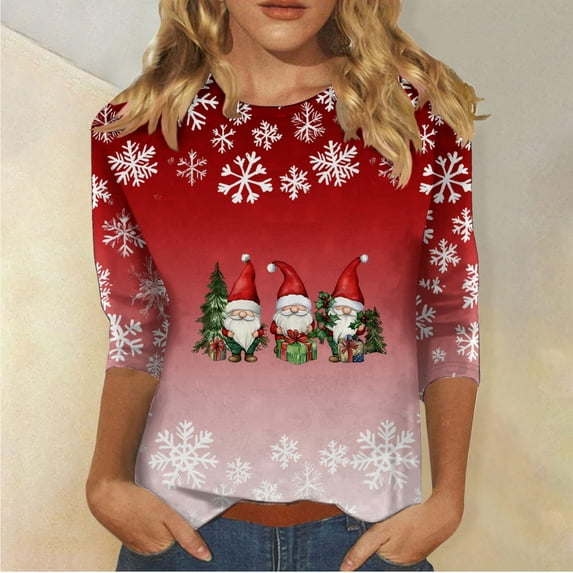 HOMBOM Womens Ugly Shirts Christmas Outfits Xmas Red Santa 3/4 Sleeve Plus Size Blouse for Ladies