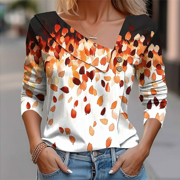 HOMBOM Womens V-Neck T-Shirts Turn down Collar Orange Fall Tops Graphic for Women Classic Fit