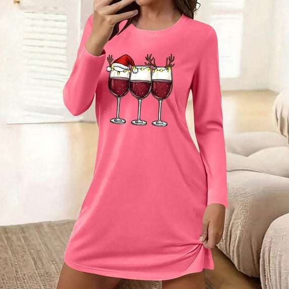 HOMBOM Womens Vintage Nightgown Fall Pajamas Christmas Long Sleeve Hot Pink Loose Xmas Nightdress for Female