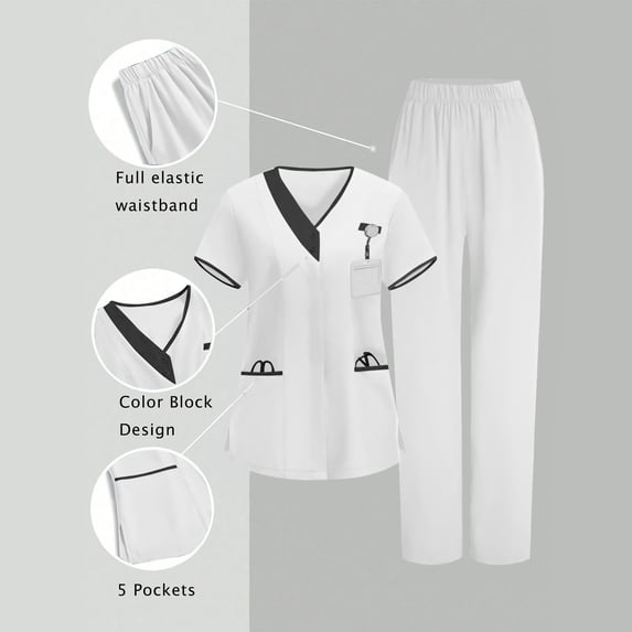 HOMBOM Womens White Scrubs Medical V Neck Scrub Top and Pant Set Short Sleeve Working Uniforms for Women