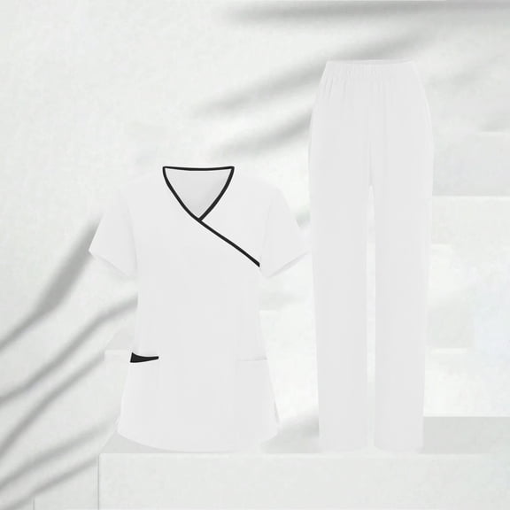 HOMBOM Womens White Scrubs Short Sleeve V Neck Scrub Top and Pant Medical Nursing Uniforms for Ladies Stretch