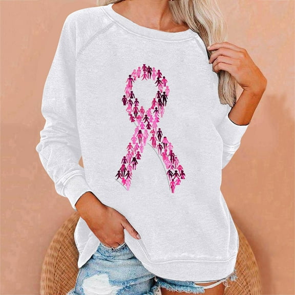 HOMBOM Womens White Sweatshirt Pullover Crew Neck Solf Breast Cancer Hoodless Graphic Long Sleeve Tops for Women