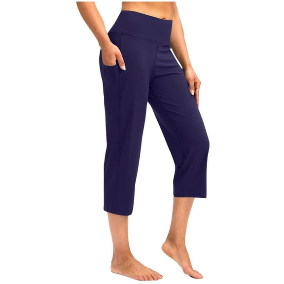 HOMBOM Womens Wide Leg Capris Navy Slim Straight Athleisure Yoga Gym Workout Bottoms S