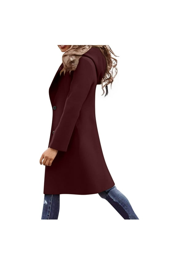 Womens Winter Coats Long Wine Wool Blend Single-Breasted Fashion Casual with Hood Outerwear for Women