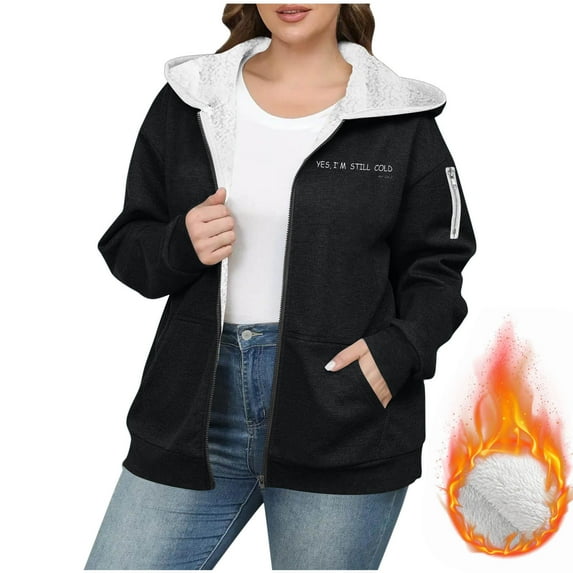 HOMBOM Womens Winter Sweatshirt Zip-Up Black Heavyweight Fleece Hooded with Pocket Letter Jackets for Women Long Sleeve