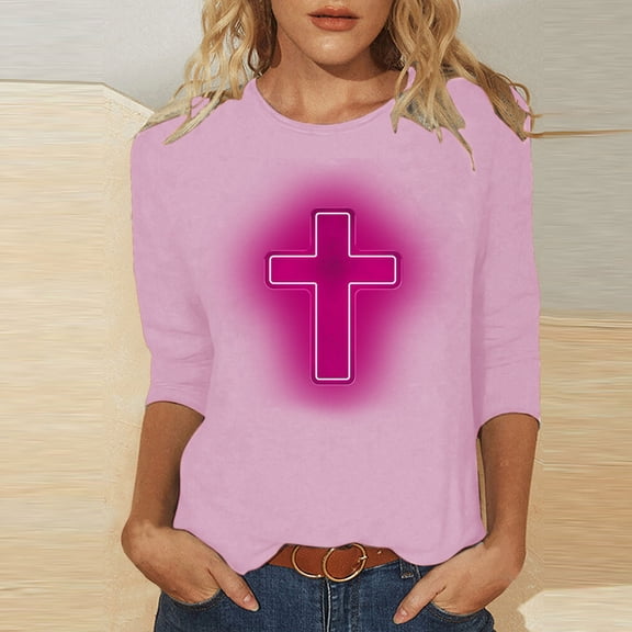 HOMBOM Y2k Tops Summer 3/4 Sleeve Pink Easter Cross Print Round Neck Shirts Womens Easter Shirts S