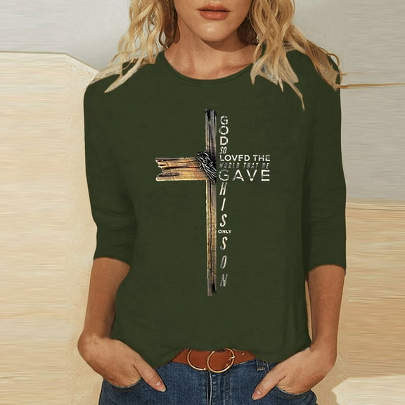 HOMBOM Y2k Tops Summer Army Green 3/4 Sleeve Easter Cross Print Crew Neck Shirts Womens Dressy Easter Tops S