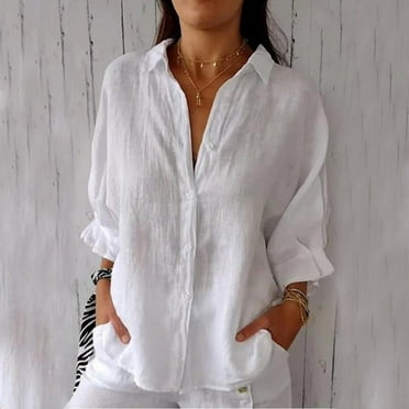 HOMBOM Y2k Tops Summer Casual White Short Sleeve V-Neck Solid Cotton Linen Button-Down Shirts S