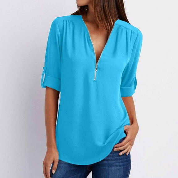HOMBOM Y2k Tops Summer Short Sleeve Sky Blue Casual Half Zip V-Neck Solid Tunic Blouse XXL