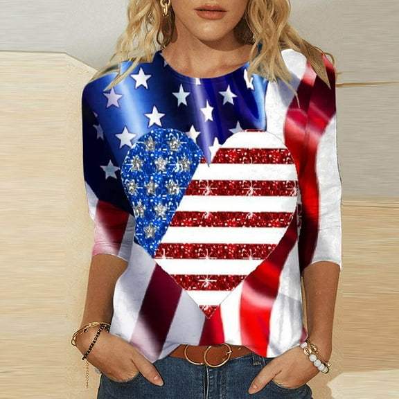 HOMBOM Y2k Tops for Women Independence Day Dark Blue 3/4 Sleeves T-shirt Crewneck Fashion Tops XL
