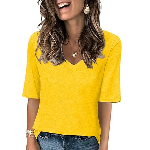 HOMBOM Yellow Summer Shirts for Women Clearance Casual Short Sleeve V-Neck Solid T-Shirts XL