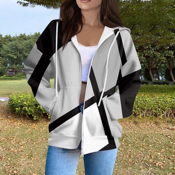 HOMBOM Zip-Up Sweatshirt for Women Colorblock with Pocket Trendy Hooded Black Womens Jackets