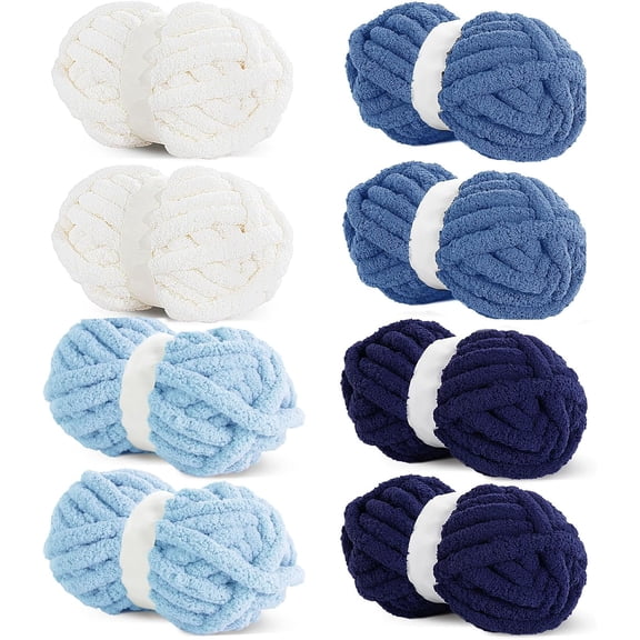 HOMBYS Assorted Blue White Chunky Chenille Yarn for Crocheting and Knitting, Super Bulky Yarn for Blankets, Soft Plush, 8 Jumbo Packs (27 yds, 8 oz Each)