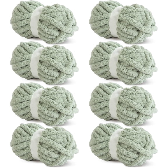 HOMBYS Pure Sage Green Chunky Chenille Yarn for Crocheting and Knitting, Super Bulky Yarn for Blankets, Soft Plush, 8 Jumbo Packs (27 yds, 8 oz Each)