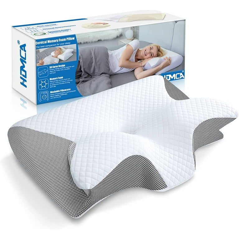 HOMCA Memory Foam Cervical Sleeping Pillow, 2 in 1 Ergonomic Contour  Orthopedic Pillow for Neck Pain, Contoured Support Pillows for Side Back  Stomach
