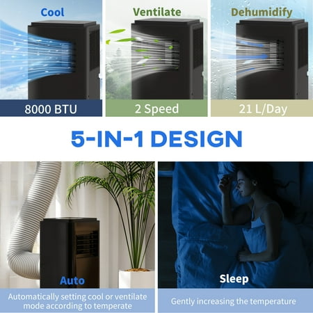 HOMCOM 10,000 BTU Portable Air Conditioner with Remote Control, 24H Timer On/Off, Auto & Sleep Mode, Up to 400 Sq.Ft., Black