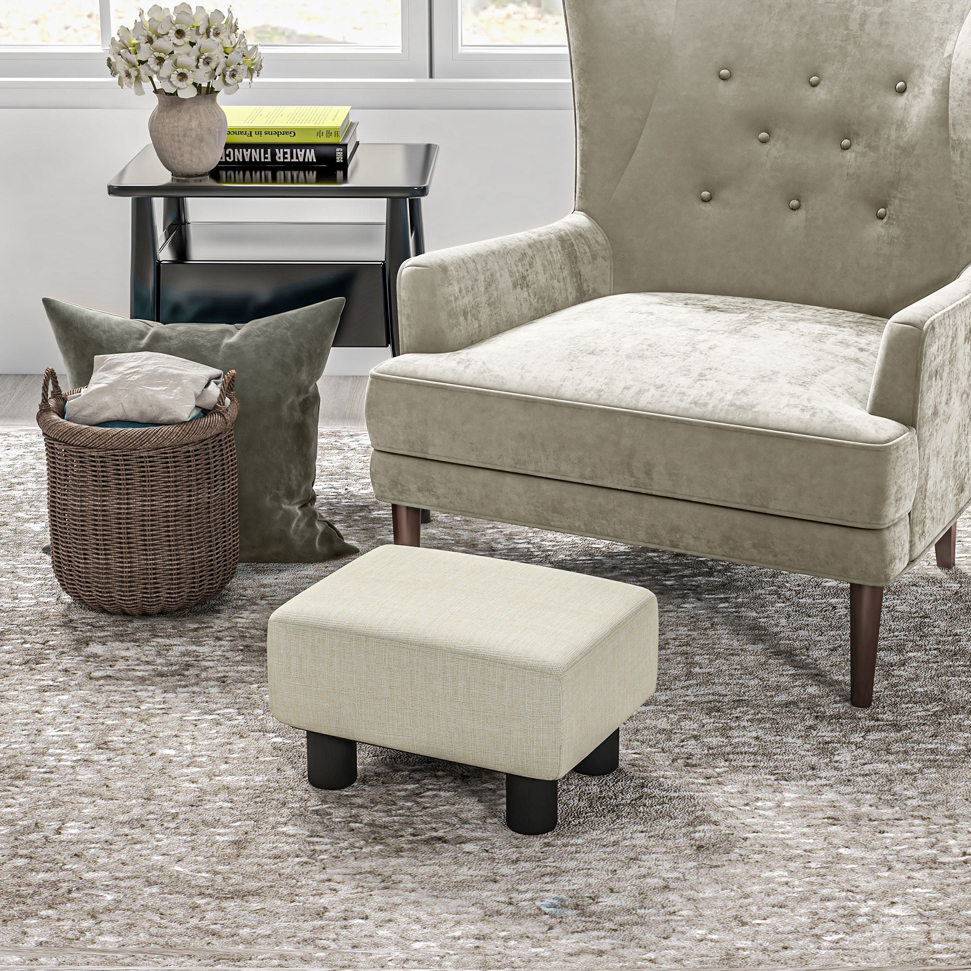 Beige Linen Fabric Pouf Footrest Ottoman with Black Legs