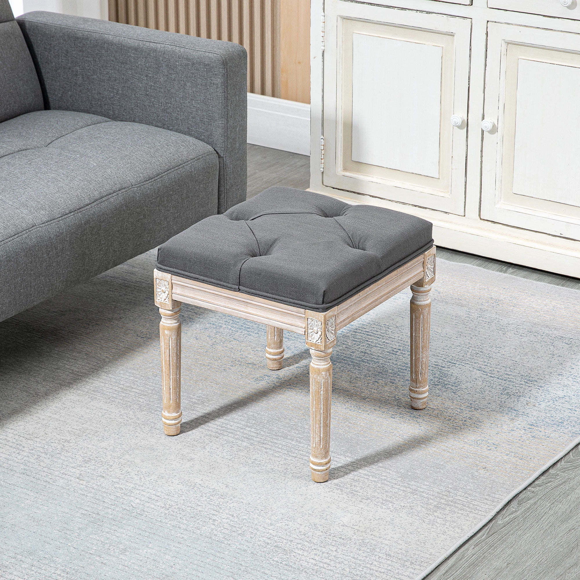 Vintage Grey Linen Tufted 54cm Lightweight Footstool