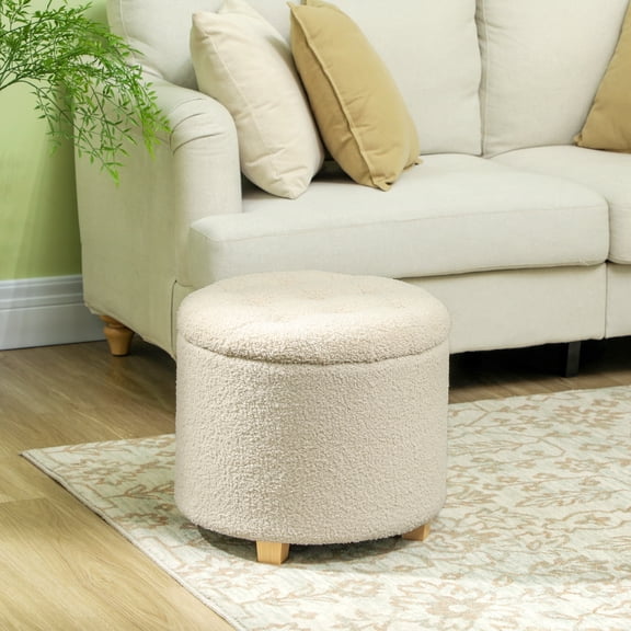 HOMCOM 18" Round Ottoman with Storage, Teddy Fleece Button Tufted Bedroom Stool with Removable Lid and Wood Legs for Living Room, Hallway, White