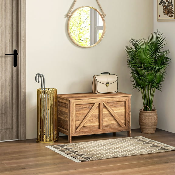 HOMCOM 19" Farmhouse Storage Chest, Lift Top Box Organizer with Safety Hinge to Open Up 100° for Bedroom, Entryway, Living Room, Brown Oak