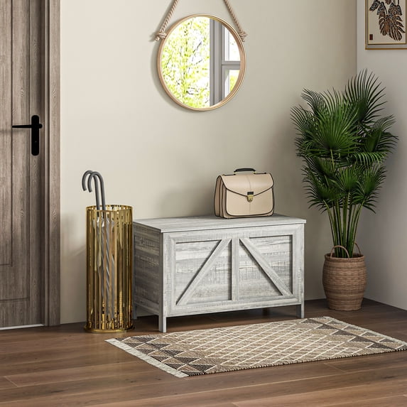HOMCOM 19" Farmhouse Storage Chest, Lift Top Box Organizer with Safety Hinge to Open Up 100° for Bedroom, Entryway, Living Room, Gray Grain