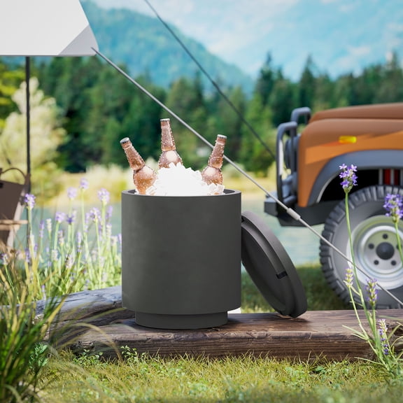 HOMCOM 2.6 Gal Outdoor Cooler Side Table, 3-In-1 Cool Bar Table with Storage, Removable Ice Bucket and Lid, Concrete Patio Table, Charcoal Gray