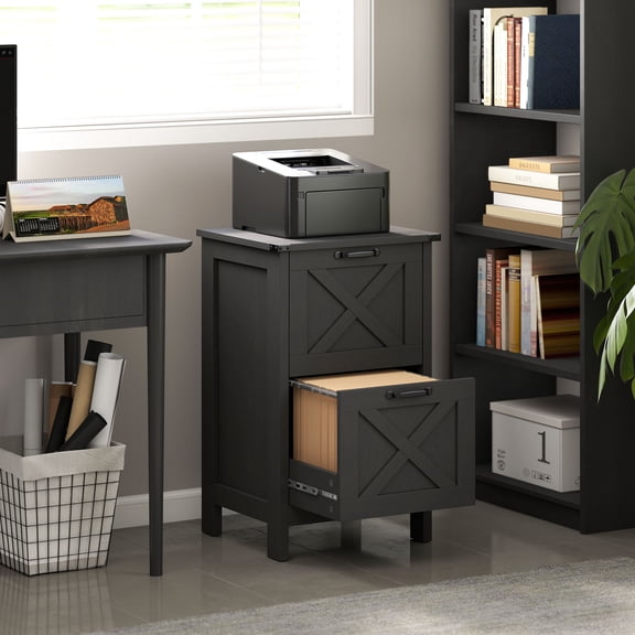 HOMCOM 2 Drawer Vertical File Cabinet with Silent Slides, Farmhouse Filing Cabinet with Barn Doors for A4/Letter Size, Printer Stand, Distressed Black